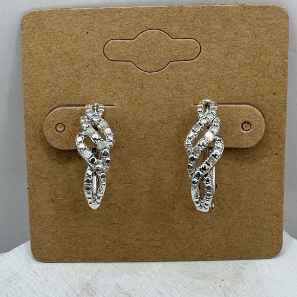 Sterling Silver Diamond Twisted Half Hoop Earrings - Picture 3 of 15